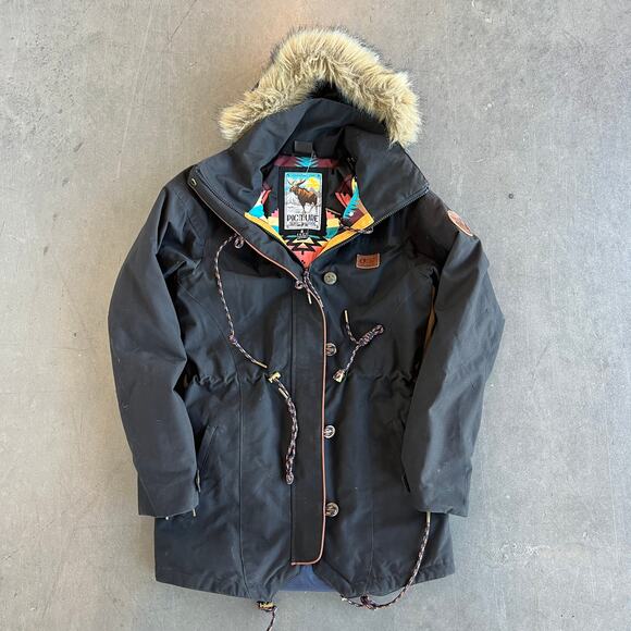 Picture Organic Fur Ski Snowboard Lined Black Hooded Winter Coat Small - Picture 1 of 7